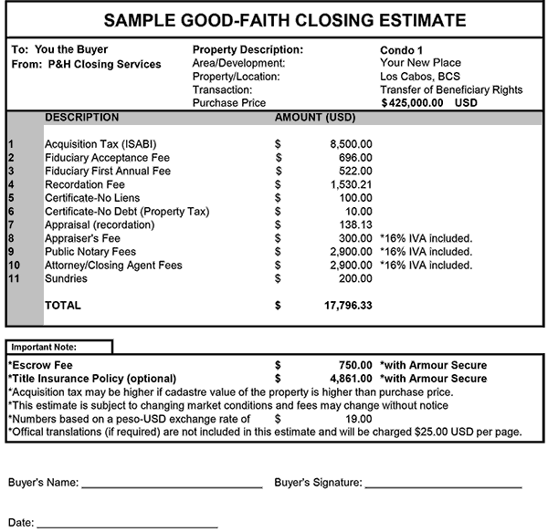 Sample closing cost estimate for purchase of a condo in Cabo